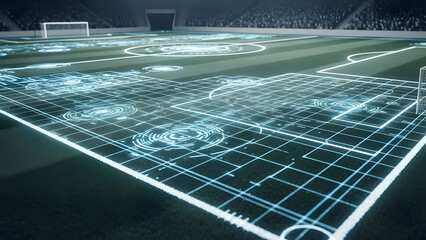 Soccer Field with Futuristic Digital Graphics and Stadium Background