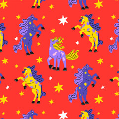Colorful Chinese New Year of the horse 2026 seamless pattern. Doodle style flat vector pattern.
