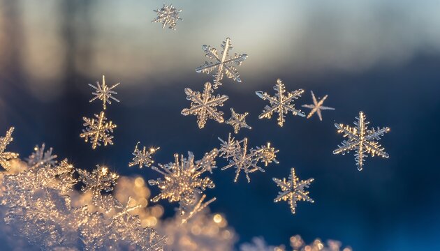 Close-up of delicate snowflakes sparkling on a cold winter day.