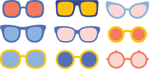 Set of Nine Colorful Flat Design Sunglasses Icons Vector Illustration Featuring Diverse Retro and Modern Shapes for Summer Fashion Graphics.