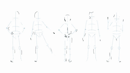 Set of five basic human figure drawing guides with skeletal sketches in various poses