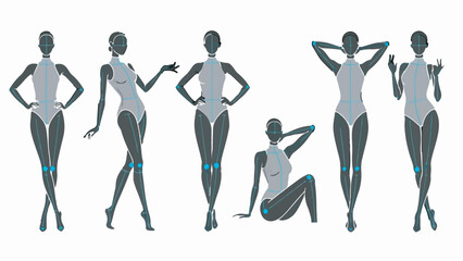 Collection of six stylized female vector figures in various poses with blue highlighted articulation points, isolated on white background