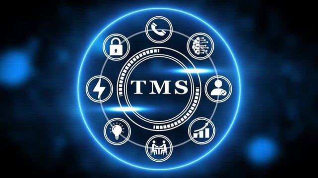 TMS management system concept with technology icons and glowing blue circle on dark background Keywords: TMS, management system, technology, icons, concept, business, operations, logistics