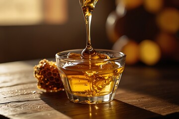 a close up shot of honey dripping onto a honeycomb, detailed high resolution, golden syrup, exquisite textures, sharp focus, natural lighting, dynamic composition, photorealistic, stunning, dramatic
