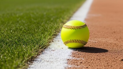 Softball resting on white baseline near grass field edge during sunny outdoor sports game close-up