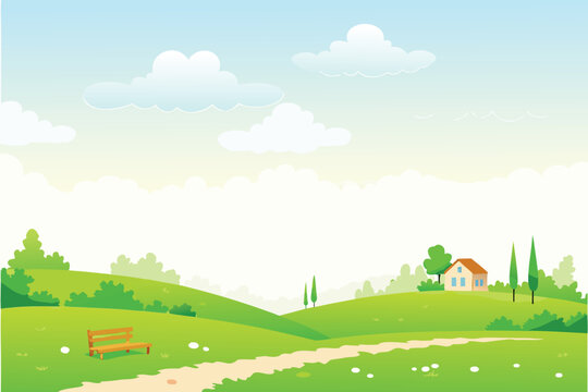 a serene green landscape with fluffy clouds and a small house on