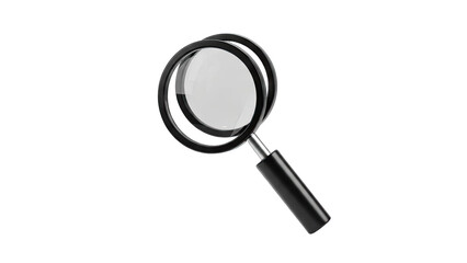 A Black Handled Magnifying Glass With A Metal Frame And Clear Lens Isolated On A Transparent Background Showing A Magnified Reflection Within Its Lens