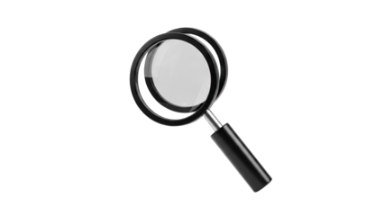 A Black Handled Magnifying Glass With A Metal Frame And Clear Lens Isolated On A Transparent Background Showing A Magnified Reflection Within Its Lens