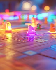 Colorful Glowing Pastel Board Game Being Played with Vibrant Lights and Fun Pieces in a Cozy Environment