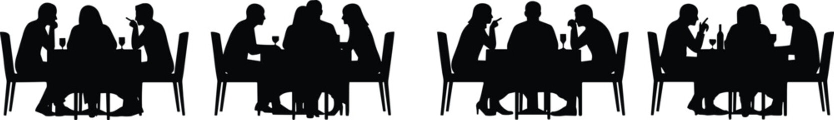 A continuous black silhouette of diverse groups of people meeting, dining, and talking around a table, symbolizing business, social gatherings, and communication.