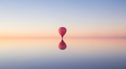 Pink hot air balloon flying over Salar de Uyuni salt flats in Bolivia at sunset. Minimalist dreamy landscape with perfect water reflection and pastel sky