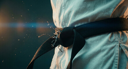 Close-up of frayed black belt on karate uniform. Macro texture of worn martial arts gear representing hard work and dedication