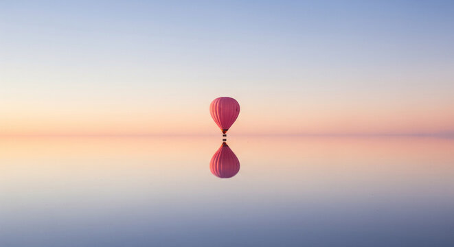 Pink hot air balloon flying over Salar de Uyuni salt flats in Bolivia at sunset. Minimalist dreamy landscape with perfect water reflection and pastel sky