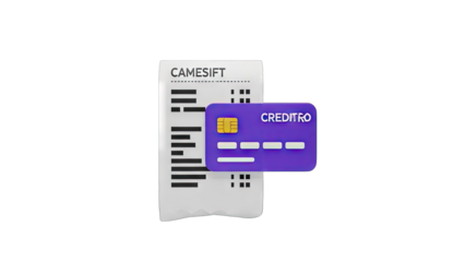 A detailed paper shopping receipt and a purple credit card with a gold stripe are displayed together on a transparent background representing financial transactions and purchases