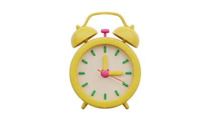 A Bright Yellow Retro Alarm Clock with Twin Bells and Pink Accents Featuring Pixelated Hour Markers and Hands on a Transparent Background
