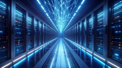 Data Center Server Room with Glowing Network - Powered by Adobe