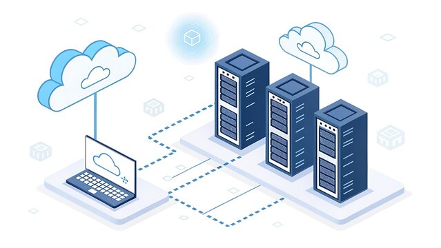 Isometric cloud computing and data center server rack illustration