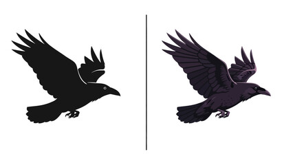 Obraz premium Raven flying with black silhouette and detailed dark illustration, isolated on white background, bird in mid-flight