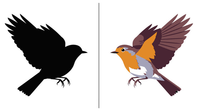 Robin bird silhouette and colorful graphic design flying with wings spread, isolated on white background, in two versions for comparison
