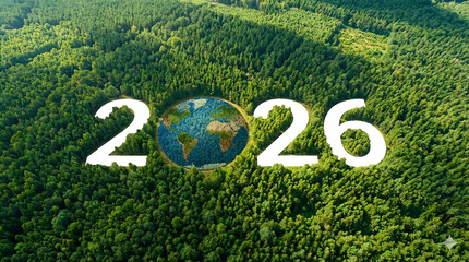 Aerial top view of dense green forest trees forming the number 2026 with planet earth globe inside zero symbolizing environmental sustainability