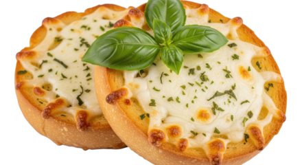 Garlic bread with cheese and basil transparent background cutout png
