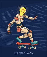 Illustration of a skateboarding robot in a retro style.