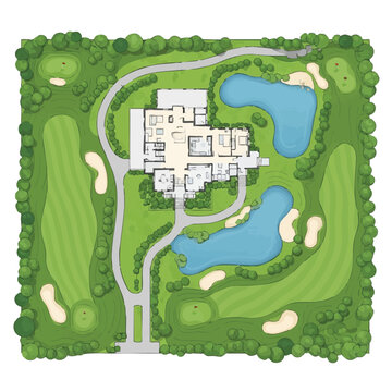 Aerial view of a luxurious modern mansion situated on a golf course with two ponds and manicured landscaping.