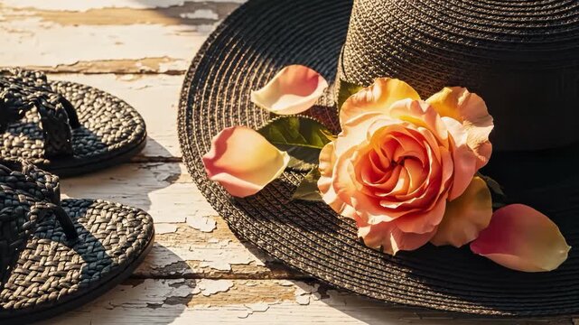 Close up of a black woven sun hat decorated with a peach rose and a single petal resting on a pair of matching sandals on a distressed white wooden surface in warm sunlight