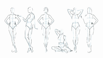 Hand drawn female fashion croquis sketches set for figure drawing and model poses