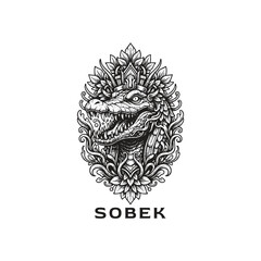 Intricate hand-drawn black and white illustration of the Egyptian crocodile god Sobek, featuring sharp teeth and a regal headdress, framed by ornate floral patterns in a symmetrical oval design