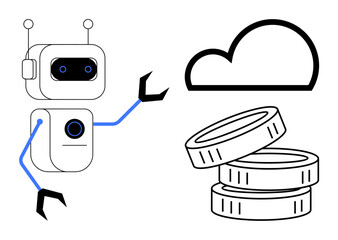 AI, cloud computing, digital economy, technology automation, fintech, online transactions. A robot reaching toward a cloud and coins. AI and cloud computing as key concepts