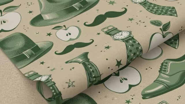 Seamless pattern with vintage gentleman accessories like fedora hat, wristwatch, mustache, and apple slice on beige fabric texture