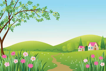 Fototapeta premium a picturesque landscape featuring rolling green hills a quaint house and blossoming