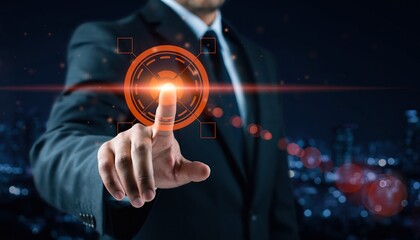 Businessman's hand touching glowing futuristic interface in a dark city night, concept for technology, innovation and digital transformation