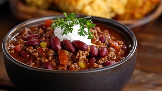 Hearty Bowl of Chili with Sour Cream and Parsley Garnishing on Rustic Wooden Background
