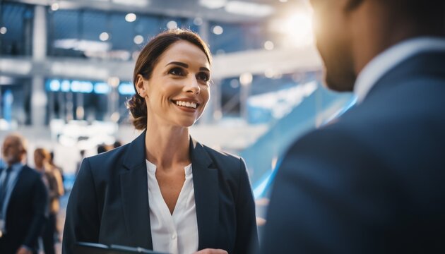Smiling businesswoman engaged in conversation with colleague in a bright modern office setting, concept for networking, corporate and communication