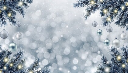 Naklejka premium Sparkling silver and blue Christmas ornaments hang on frosted pine branches against a bokeh backdrop, concept for holiday greetings, winter, and festive celebrations