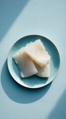 Ethereal plate of translucent lutefisk with simple sides on arctic blue background, ish from Norway, food photo, template for social media, digital ads, web banner, mobile wallpaper, greetings card