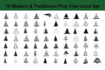 Set of 70 modern and traditional pine tree icons covering various artistic styles for graphic design projects