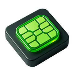 3D Glowing Green Microchip Symbol for Technology and Digital Concepts on Dark Background. microchip, technology, digital, icon, green