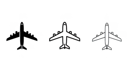 A collection of three black and white airplane icons illustrating different variations for aviation themes