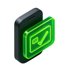 Isometric smartphone with glowing green checkmark and checkbox icon, symbolizing task completion or verification. mobile, checkmark, task, completion, 3d render
