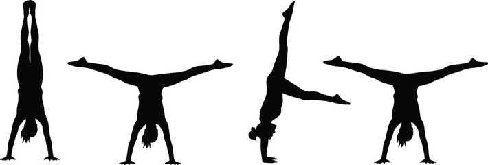 Gymnastics Silhouettes Vector Set, Four Female Figures Performing Handstand and Splits, Fitness, Acrobatics, Exercise, Flexibility, and Training Graphic Design.