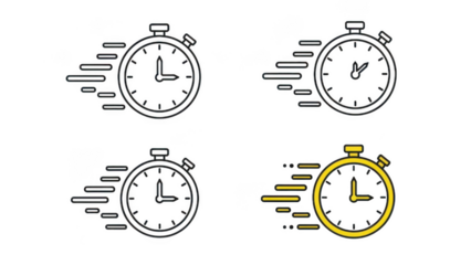 A set of four fast stopwatch icons representing speed, time efficiency, and quick delivery