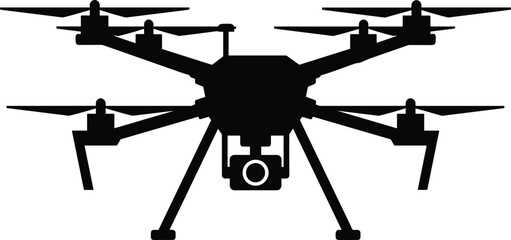 Black Silhouette of Professional Quadcopter Drone with Camera Gimbal, Representing Aerial Photography, Surveillance, Delivery, Technology, and Modern Unmanned Aviation Concepts.