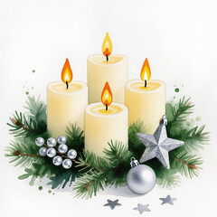 Watercolor illustration of four lit candles surrounded by winter greenery, silver stars, berries, and ornaments, creating a calm, festive holiday atmosphere on a white background.