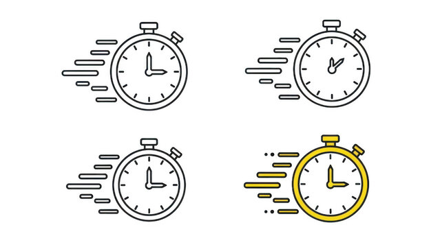 A set of four fast stopwatch icons representing speed, time efficiency, and quick delivery