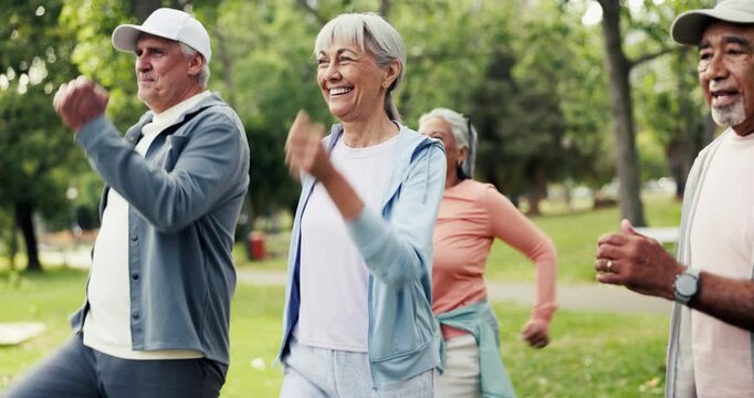 Coach, senior group and exercise at park for functional fitness, cardio warm up or mobility workout. Retirement health, elderly people and happy with instructor outdoor for brisk walking and wellness