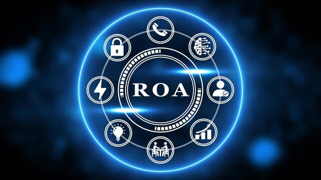 ROA acronym in a glowing blue circle with business icons and bokeh effect Keywords: ROA, Return on Assets, acronym, business, finance, investment, profit, revenue, strategy, success