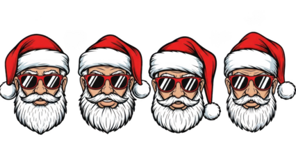 A row of four stylish santa claus illustrations featuring sunglasses and a cool attitude
